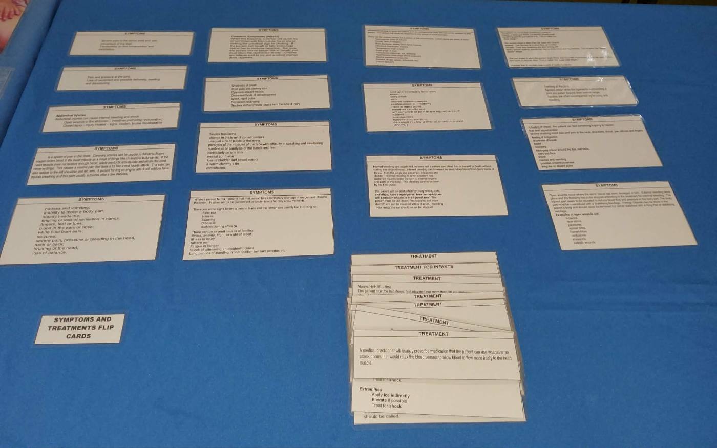 Symptoms and treatments flip cards used in first aid training